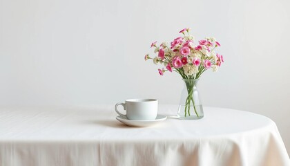 Fototapeta premium Linen tablecloth, coffee cup, gypsophila vase, white wall, Nordic style, minimalist, still life