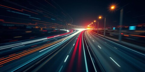 Abstract digital data stream flowing rapidly along a highway at night, representing fast global communication and agile digital transformation,  traffic,  vibrant
