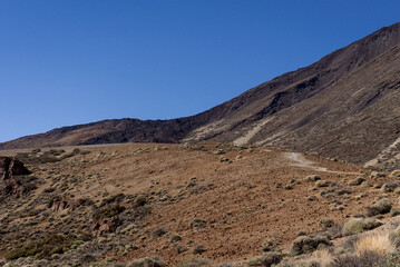 Scenic view of rugged terrain with sparse vegetation in a remote desert landscape under clear blue skies