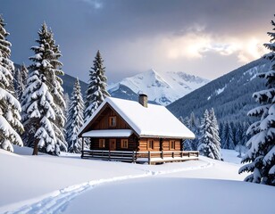 Serene Log Cabin Nestled in Snowy Landscape with Snow-Covered Pines and Majestic Mountains in Distance