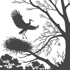 Heron Landing at Nest on Tree Branch – Nature Silhouette Illustration
