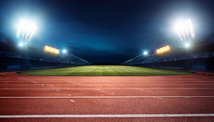 empty running track with stadium lights night