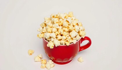 A red cup overflowing with buttery popcorn against a stark white background, detail, delicious