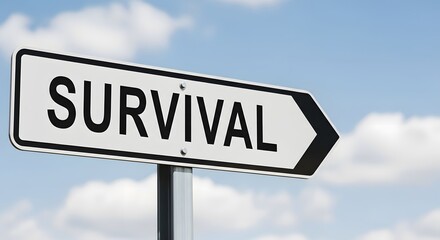 Directional sign pointing towards survival against a cloudy sky, symbolizing resilience, determination, and navigating challenges for a successful future.