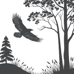 Flying Hawk Silhouette Near Tree on Grassy Hillside
