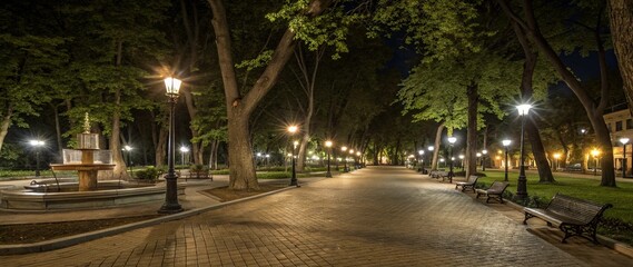 Night park pathway paved with light brown bricks, flanked by large trees casting shadows. Soft warm streetlamp glow, benches along the path, fountain to the left. Calm and symmetrical scene.