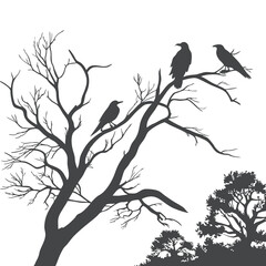 Silhouette of Birds Perched on Bare Tree Branches in Nature Scene
