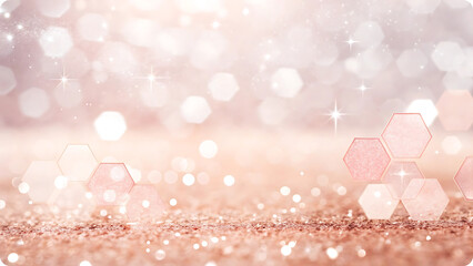 Soft rose gold hexagonal bokeh background glitter