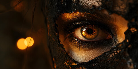 Golden Eye, Masked Beauty Image, Intense Gaze, Close Up, Masquerade Costume, Seductive Look, Eye Contact Image