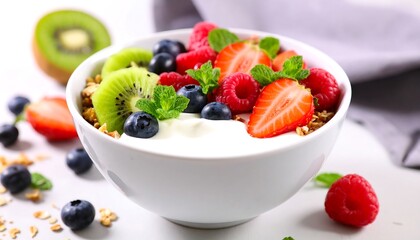 Healthy breakfast bowl with yogurt, granola, and fruit