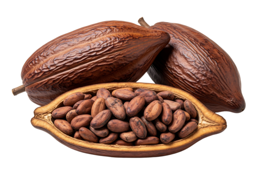 Cacao pods and cocoa beans, the raw ingredient for chocolate. Isolated on transparent background, png