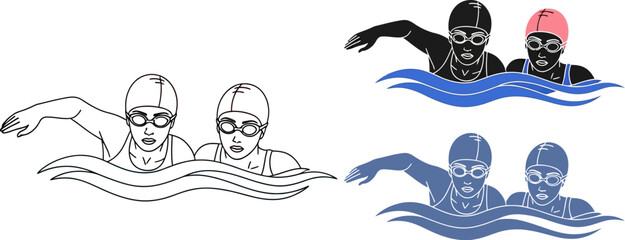 Swimming team synchronized swimmers in water swim caps and swim goggles art