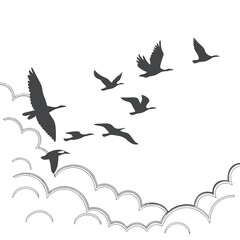 Silhouette of Flying Birds Above Stylized Clouds in Sky
