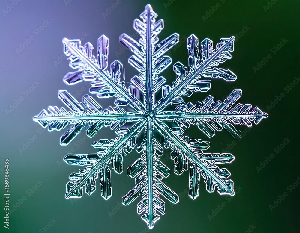 Poster intricate snowflake with beautiful symmetry under soft light and colorful background