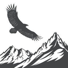 Majestic Eagle Soaring Over Snow-Capped Mountain Peaks Silhouette
