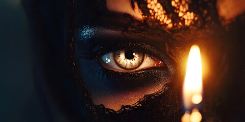 Eye Image, Candlelight Photo, Lace Mask Graphic, Mysterious Eyes Artwork, Close Up Photography, Golden Eye Picture, Masked Face Product