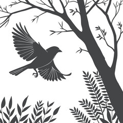 Flying Bird Silhouette in Forest with Trees and Leaves
