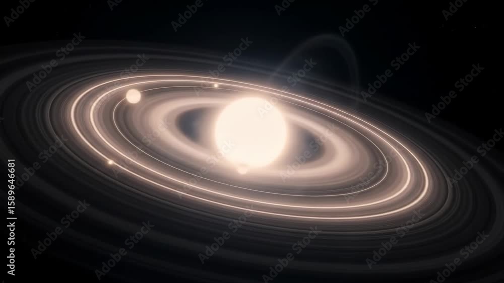 Poster glowing planet with extensive ring system - a bright, luminous planet is encircled by a vast, intric