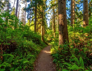 Schilderijen op glas Sunlit forest path © Giono