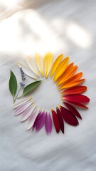 Flat Lay of Colorful Flower Petals in Gradient on White Background – Nature-Themed Organic Mockup