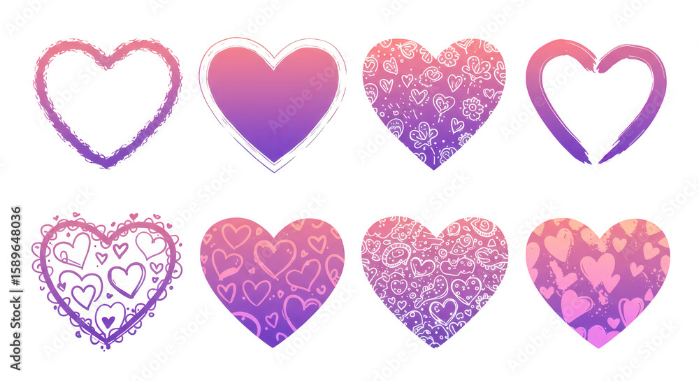 Poster photo of collection of gradient heart shapes with intricate patterns isolated on transparent backgro