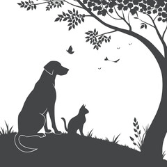Silhouette of Dog and Cat Sitting Together Under Tree Watching Birds
