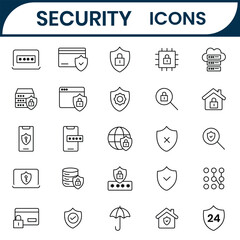 Naklejka premium Security icon vector set. Privacy line icon set. Security, Protection thin line icons set such as password protection, shield, mobile lock, secure server, fingerprint, cybersecurity, data protection.