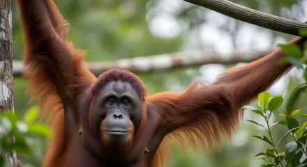 Naklejka premium Orangutan suspends itself from a branch showcasing its agile nature within the lush greenery of its natural habitat.