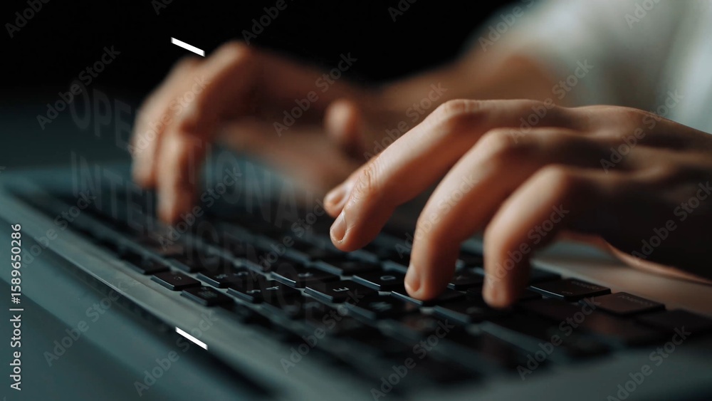 Poster close up of hands typing on laptop keyboard in soft lighting with blurred background. asymptotic sma