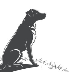 Sitting Dog Silhouette in Grass Looking Alert in Profile View
