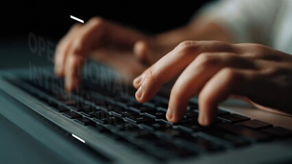 Close Up of Hands Typing on Laptop Keyboard in Soft Lighting with Blurred Background. Asymptotic...