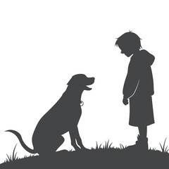 Silhouette of Boy and Dog Bonding Outdoors in Nature
