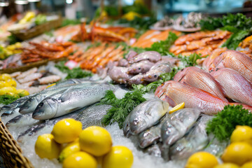 A vibrant seafood display with fresh fish, shrimp, and lemons arranged on ice, garnished with herbs. The market scene is colorful and inviting.
