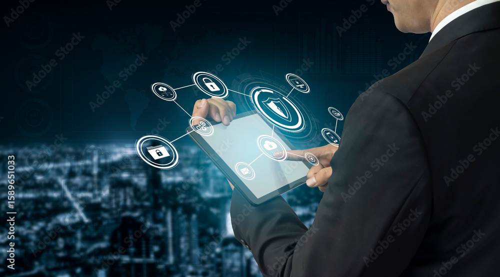 Poster cyber security protects against breaches, hacks, and network attacks using strong infrastructure and