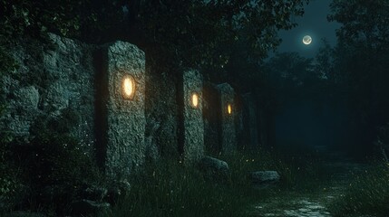 Stone markers illuminated by glowing lights in a moonlit forest