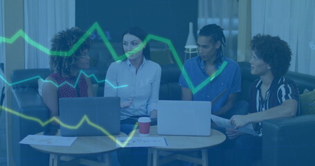 Discussing four professionals collaborating over data overlay in lounge with laptops, coffee, notes