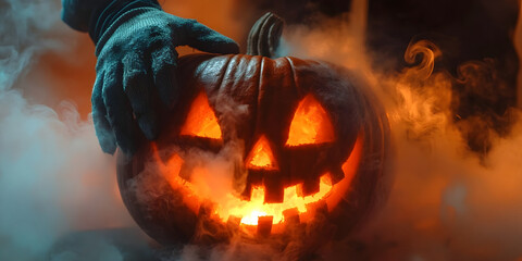Spooky Jack O Lantern Image, Scary Halloween Pumpkin, Gloved Hand, Foggy Night, Autumn Season Product, Halloween Themed Picture