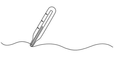 Continuous one line drawing medical thermometer. Medicine, Continuous one line drawing of thermometer for measuring air temperature on white background, Minimalist healthcare concept for temperature.