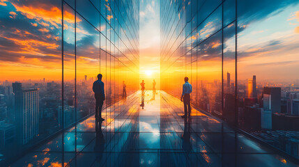 Obraz na płótnie Canvas People looking at city sunset from highrise