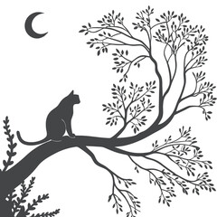 Cat Sitting on Tree Branch at Night Silhouette Vector Illustration
