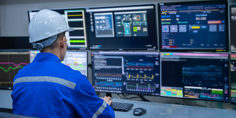 Engineer working at control room, Manager control system, Technician man monitoring program from a...