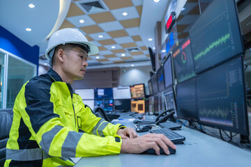 Engineer working at control room, Manager control system, Technician man monitoring program from a...