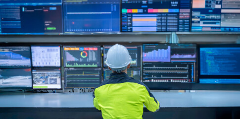 Engineer working at control room, Manager control system, Technician man monitoring program from a...
