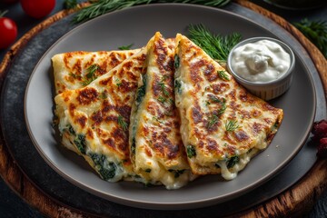 Plate of gozleme, turkish stuffed flatbread topped with cheese, spinach, served with creamy sauce, dilled dillies. Concept of gozleme showcasing rustic, hearty cuisine.