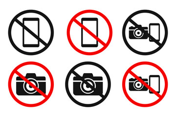 Warning sign, no photos, no phone or camera vector icons. Prohibition on taking photos and videos. No photo allowed or camera prohibited red circle and green allowed round vector icon set isolated