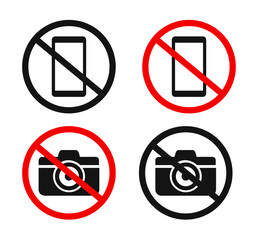 No recording or photography prohibited sign. No camera or mobile phone sign icon. Flat style vector illustration editable isolated design.