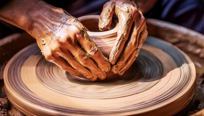 hands covered in clay shape a pottery vessel on a spinning wheel highlighting the art of traditional pottery making