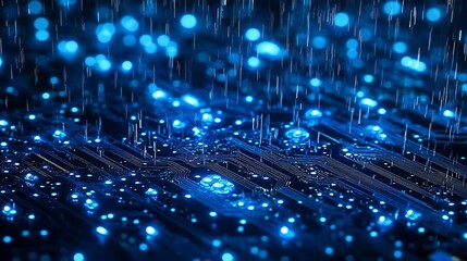 Futuristic Circuit Board with Blue Data Rain