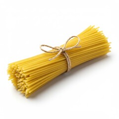 Bundle of spaghetti pasta tied with twine isolated on white background