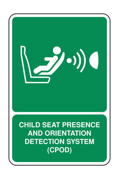 Child Presence Detection System Vector Icon with Explanation &ndash; CPOD Safety Sensor Symbol for Car Seat Monitoring, Orientation Alert, Baby Detection Technology